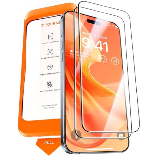 Two-pack of TORRAS Diamond Shield screen protectors for iPhone 14 Pro Max featuring military-grade protection, 9H+ shatterproof tempered glass, durable design, and anti-fingerprint technology for 6.7-inch devices.