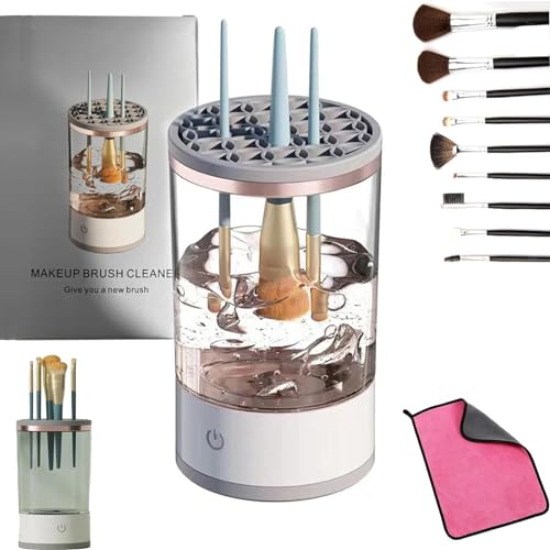 Rinse Lilly Makeup Brush Cleaner and Brushly Pro Cosmetic Brush Cleaner alongside Illumi Brush Blender and Brushy Makeup Brush Cleaner displayed together with a portable automatic spinning feature for efficient makeup brush cleaning