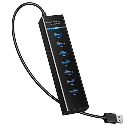 A 7-port USB 3.0 hub splitter designed for connecting multiple devices such as gaming consoles, laptops, and mobile devices, featuring a sleek design suitable for various electronics including PS4, PS5, Xbox One, MacBook, iMac, and smartphones.