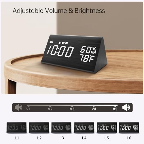 WoodenTech - Digital Alarm Clock with LED Display, 3 Alarms, Humidity & Temperature