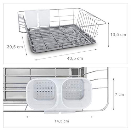 Relaxdays - Stainless Steel Draining Rack with Drip Tray & Cutlery Compartment