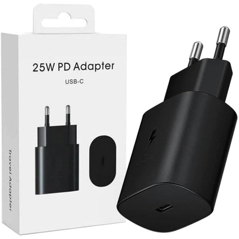 25W Samsung Type C charger adapter with PD 3.0 technology, BIS certified, designed for various Samsung Galaxy models including M14 5G, M33 5G, M31, M53 5G, M51, Galaxy Z Fold, Flip, F23 5G, F14 5G, F54, A14, A34, A54, A33 and more.