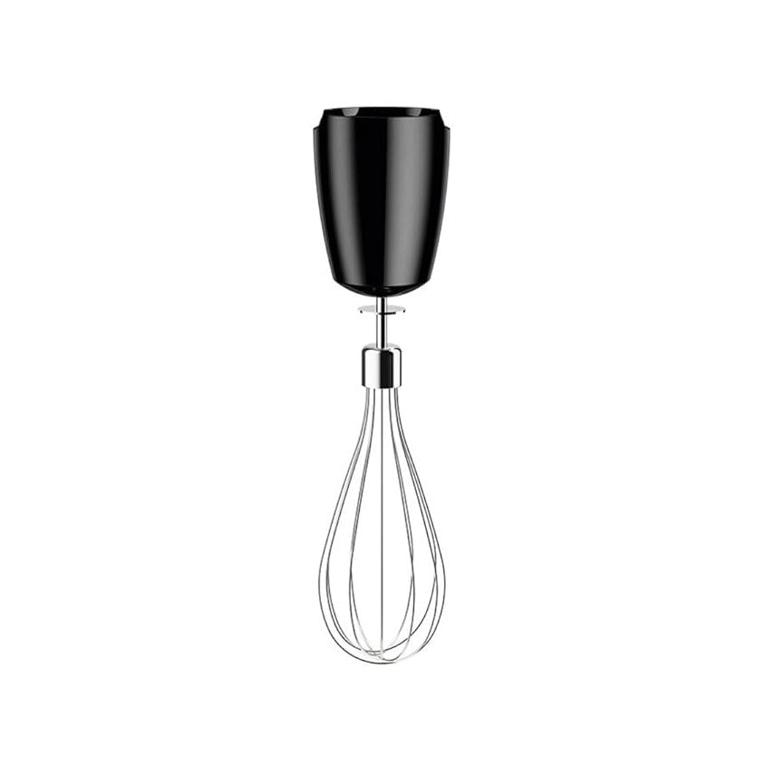 Black Braun MQS 050 BK whisk attachment with EasyClick Plus system, made of stainless steel and plastic, designed for submersible use and dishwasher-safe for easy cleaning.