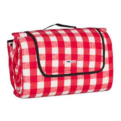 Large red and white picnic blanket with an aluminum coating, designed for outdoor use, featuring a handle for easy transport, measuring 200 by 300 centimeters, made of soft polyester.