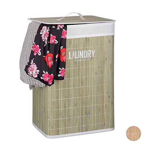 Bamboo laundry hamper with lid in green featuring a folding design and printed organizer measuring 60 centimeters high, 40 centimeters wide, and 30 centimeters deep