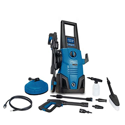 High pressure washer Scheppach HCE1650 featuring a 9-piece accessory set, capable of delivering 135 bar pressure and a maximum flow rate of 408 liters per hour, equipped with a 5-meter high-pressure hose, quick connect system, suction function, and integrated cleaning agent tank.