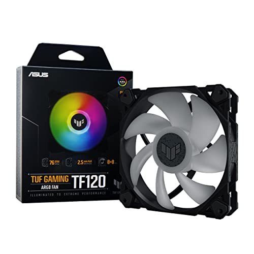 ASUS TUF GAMING TF120 ARGB Case Fan with dimensions 12L x 12W x 2.5H cm, featuring a double layer LED array for vibrant lighting effects, PWM control for adjustable speeds from 250 to 1900 RPM, and anti-vibration pads to minimize noise.