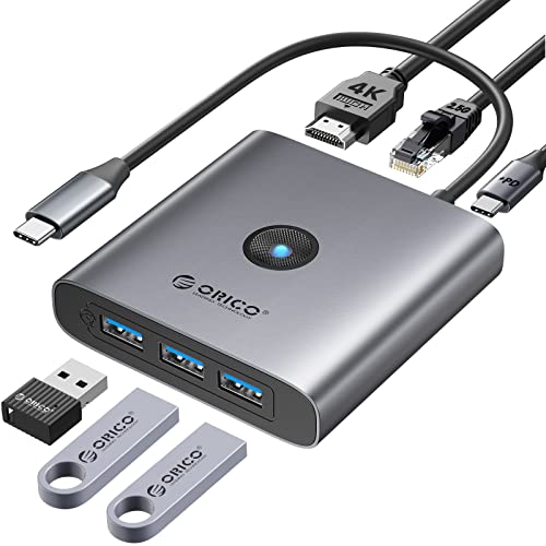 ORICO 6-in-1 USB C Hub with 2.5G Ethernet, 3 USB-A Ports, 4K HDMI, 100W PD Charging - Gray color, compatible with mice, desktop computers, hard drives, keyboards, laptops.