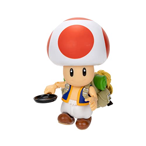 Collect the 5" Super Mario Bros Movie Toad action figure with a frying pan accessory. Features poseable limbs, shiny acrylic eyes, and premium packaging.