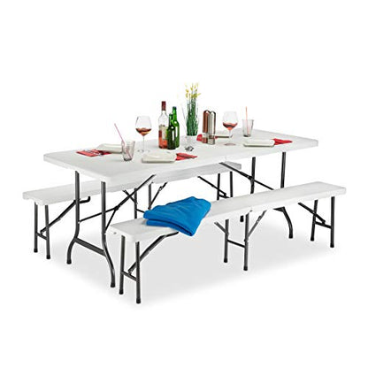 Folding garden furniture set featuring a table and two beer benches in white with dimensions of 74 cm height, 180 cm width, and 74.5 cm depth