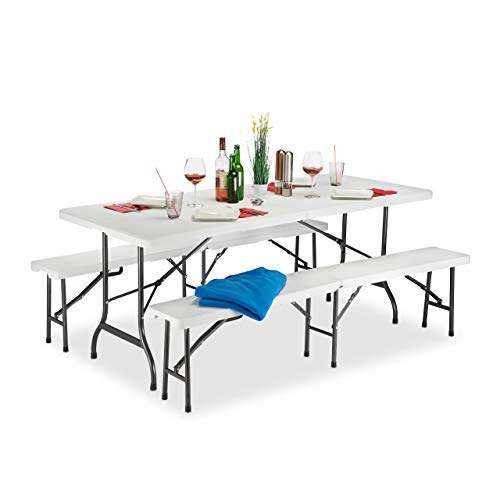 Folding garden furniture set featuring a table and two beer benches in white with dimensions of 74 cm height, 180 cm width, and 74.5 cm depth