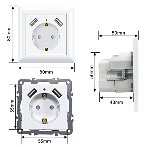 MKSENSE - Power Socket with 2 USB Ports, Fits Standard Recess Box, White