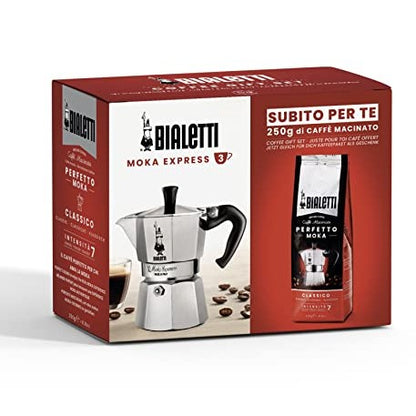 Bialetti Moka Pot coffee maker with a removable tank, reusable filter, 709 millilitres capacity, made of aluminium, and 230 watts wattage; includes a special gift box with a 3-cup espresso machine and Perfect Moka ground coffee.