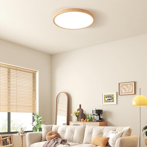 Schindora - Modern Wood Grain LED Ceiling Light, Ultra-Thin Flush Mount, 24W 3000K/4000K/6000K, Round Lighting for Living Room