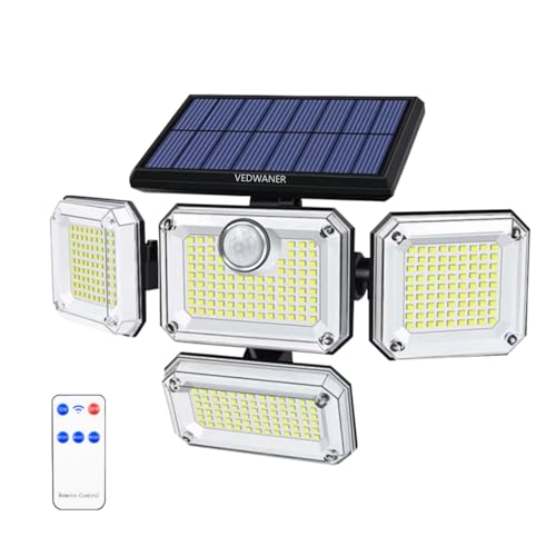 Vedwaner Solar Motion Sensor Flood Light with 333 LED beads, 3300lm brightness output, remote control, and IP65 waterproof rating.