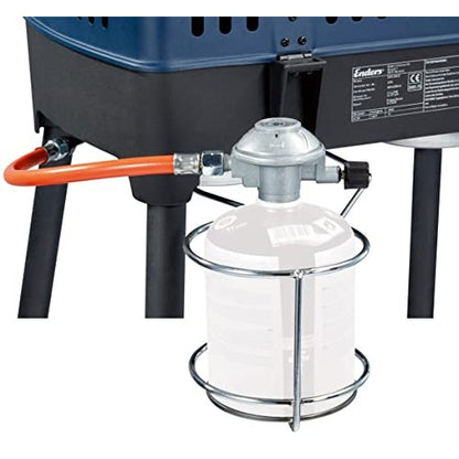 Orange portable gas grill with variable and mobile use, designed for outdoor applications, featuring a bracket, hose, and pressure regulator. Includes an enamelled cast iron grate system that allows for various barbecue options with interchangeable inserts.