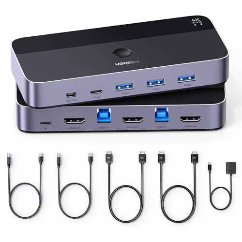 UGREEN USB 3.0 HDMI KVM switch designed for connecting two computers to one monitor, keyboard, and mouse, featuring four USB 3.0 ports and supporting 4K resolution at 60Hz, includes two HDMI cables, two USB cables, and a controller.