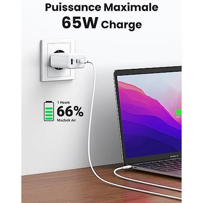 UGREEN - 65W USB C Fast Charger 3 Ports for iPhone, MacBook, Galaxy, Pixel (White)