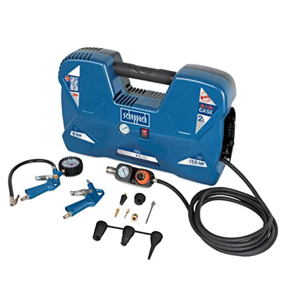 Air compressor case featuring a powerful 1100 watt motor, 2-liter capacity, and an operating pressure of 8 bar. It offers a suction power of 180 liters per minute and is designed to be oil-free for easy maintenance. The portable and mobile mini compressor comes with a comprehensive 12-piece accessory set for various applications.