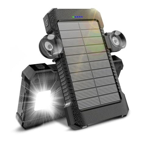 Portable solar power bank with a capacity of 26800mAh featuring a suction cup mount, designed to be waterproof, dustproof, and shockproof. It includes three USB ports and has a flashlight with three modes: steady, SOS, and strobe, all in a black color.