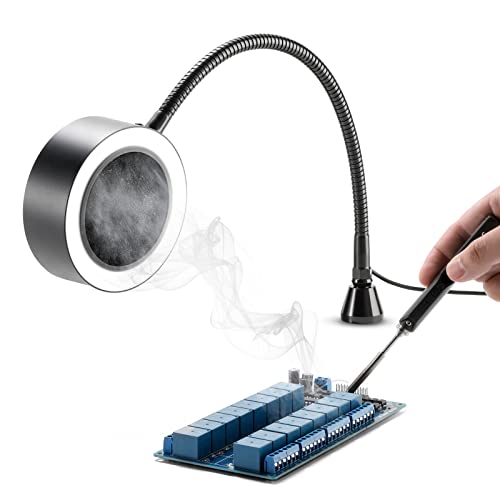 Portable solder smoke absorber and fume extractor featuring LED lights and a flexible gooseneck designed for DIY soldering workstations