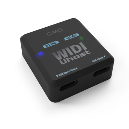 Image of the WIDI Uhost Bluetooth MIDI adapter, a compact device measuring 1.5 x 1.34 x 0.55 inches, designed to eliminate MIDI cable clutter by enabling wireless connectivity for various MIDI devices and computers through USB and Bluetooth technology.