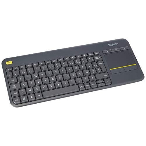 Logitech K400 Plus wireless touch TV keyboard with integrated touchpad, compact design, and 2.4 GHz Unifying receiver, suitable for universal compatibility with various devices.