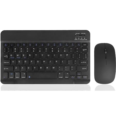 A compact black Bluetooth keyboard and mouse combo by GUGUELEC, featuring a rechargeable design, ultra-slim profile, and quiet click technology for comfortable typing. Compatible with various devices including iPads, iPhones, Windows PCs, and Android smartphones.