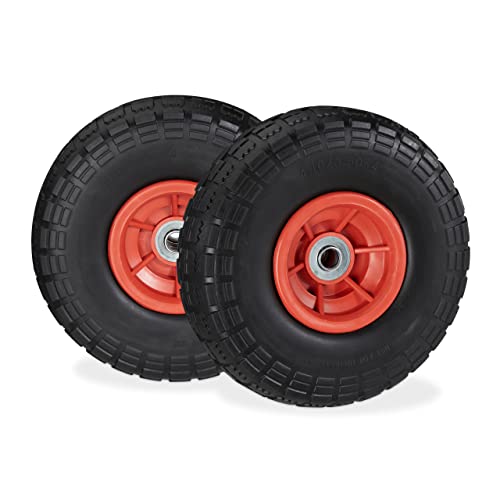 Two Relaxdays sack trucks with puncture-proof solid rubber tires measuring 4.1/3.5-4 inches, featuring a 16 mm axle and a weight capacity of up to 150 kg, displayed in black and red colors with tire dimensions of 260x85 mm.