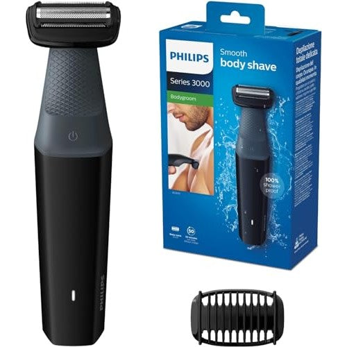 Philips Series 3000 Bodygroom for safe and comfortable shaving of armpits and legs, featuring a fully washable design, ergonomic handle, hypoallergenic shaving foil, and a trimming attachment for natural hair length.