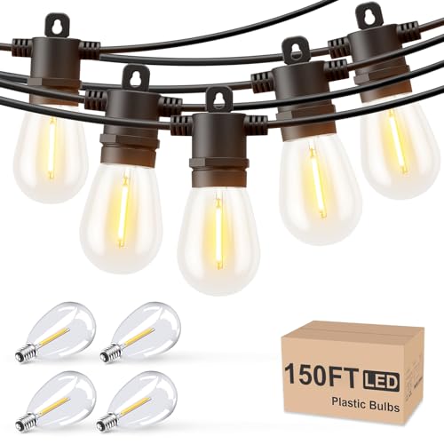 Outdoor string lights designed for patios, featuring 150 feet of shatterproof bulbs and IP65 waterproof rating, suitable for commercial use in backyards, bistros, and cafes, with a sleek black finish.