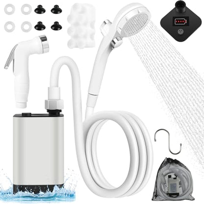 Portable camping shower designed for outdoor use featuring a pump, adjustable shower head, and hose, equipped with a 5200 mAh battery, perfect for hiking, camping, travel, and beach activities.