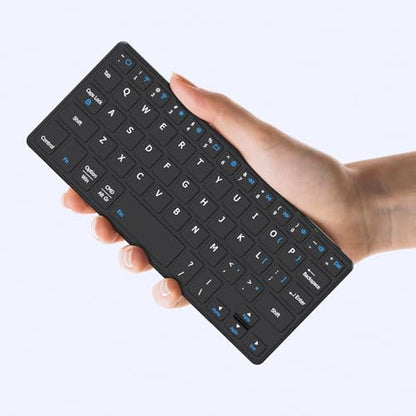 Ultra light portable mini wireless keyboard with adjustable angle stand and leather case designed for travel, compatible with iPad, Android, Windows, and iOS, featuring a rechargeable Bluetooth connection.