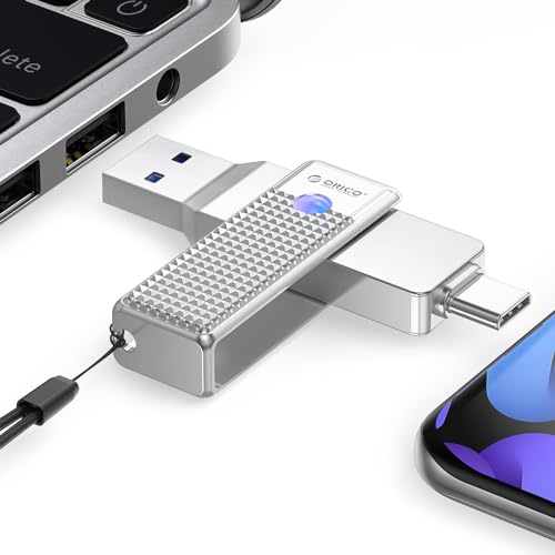 256 GB ORICO USB C flash drive featuring dual USB 3.2 Type C connectors, designed for high speed data transfer at 405 MB/s, with efficient heat dissipation, suitable for use with MacBook, iPhone 15, tablets, laptops, and USB-C phones.