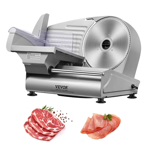 Electric meat slicer by VEVOR featuring a 7.5-inch SUS420 stainless steel blade, adjustable thickness up to 0.6 inches, and non-slip feet for stability; ideal for slicing frozen meat, cheese, raw and cooked meats, and bread.