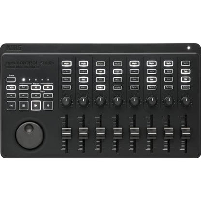 A lightweight and compact 45-key MIDI controller by KORG, featuring USB and wireless connectivity for mobile music production, designed with a refined style and equipped with transport keys and mixer controls.