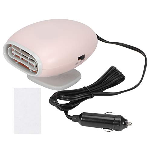 Portable 12V car heater in pink designed for defrosting and warming car interiors with a fan for windshield demisting.