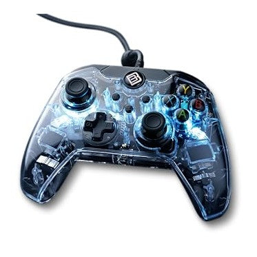 Transparent BoostBoxx LUX Gaming Controller with RGB LEDs, featuring a classic Xbox layout, two joysticks, A/B/X/Y buttons, D-pad, shoulder buttons, and integrated 3.5 mm jack for headset connection.