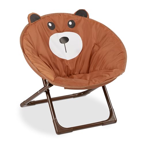 Brown children's folding moon chair designed for indoor and outdoor use featuring a bear design with dimensions of 48 cm height, 51 cm width, and 48 cm depth.