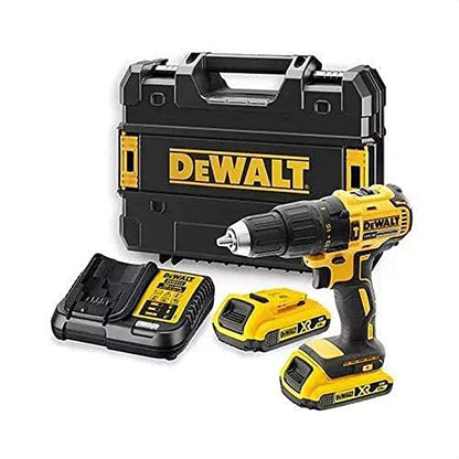 DEWALT DCD778D2T-QW cordless drill with two 18V batteries and a 1/2 inch chuck displayed on a workbench