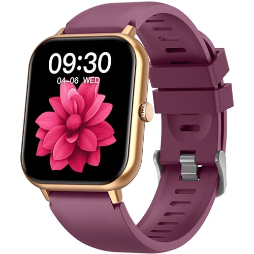 Red smart watch designed for women featuring fitness tracking capabilities Bluetooth call functionality blood oxygen and blood pressure monitoring compatibility with Android and iOS over one hundred sport modes heart rate monitoring step counter and waterproof rating of IP67