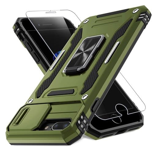 Olive green protective case for iPhone 7 Plus and 8 Plus featuring a slide camera cover, screen protector, and a rotating ring kickstand, designed for military-grade shockproof durability, suitable for 5.5-inch devices.