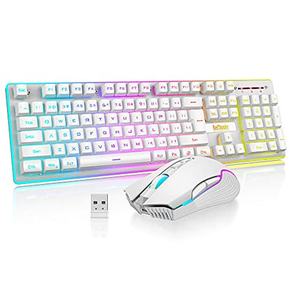 Wireless gaming keyboard and mouse combo featuring RedThunder K10 with rechargeable 3800 mAh battery, LED backlighting, mechanical feel anti-ghosting keyboard, and 7D mouse with 3200 DPI.