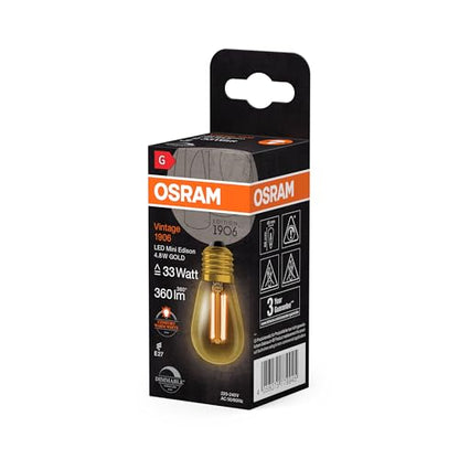 Osram - Vintage 1906 LED Lamp Gold Tint, 4.8W, 360lm, Mini Edison Shape, E27 Base, Warm White Light, Dimmable, 15,000 Hours Life Time