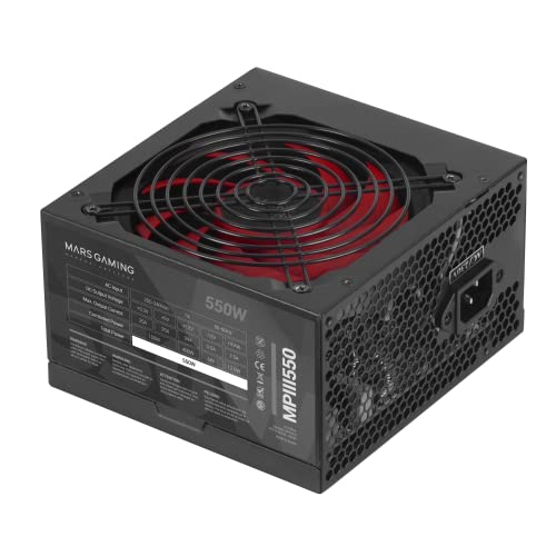 Black ATX power supply unit from MARSGAMING, model MPIII550, featuring a 550 watt output, designed for laptops with optimized cable design and advanced electronic safety systems.