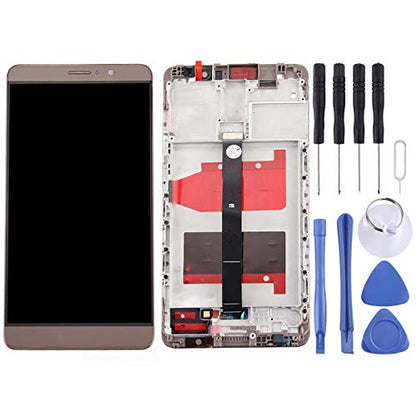 Alt text: "LCD screen replacement kit for Huawei Mate 9, including touch screen and digitizer full assembly with frame, packaged dimensions of 7.87 x 3.94 x 1.18 inches and weight of 4.3 ounces."