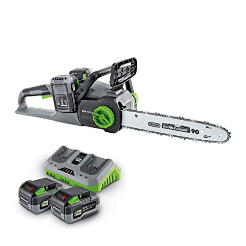 Cordless chainsaw featuring a 12 inch Oregon blade and a cutting length of 30 cm, includes sword quiver, two 4.0Ah batteries, and charger for 40 V operation with automatic chain functionality