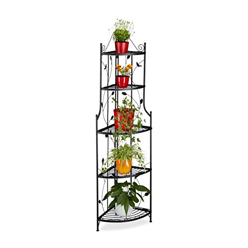 Corner flower shelf made of metal with five levels, featuring a foldable design for plants, dimensions 160 cm height, 36 cm width, and 36 cm depth, in black color.