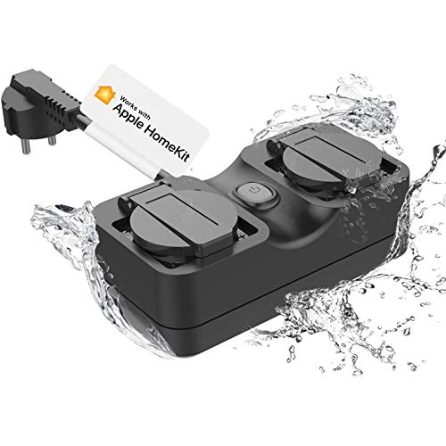 Smart outdoor socket designed for outdoor use with WiFi connectivity, compatible with Apple HomeKit, Alexa, and Google Home, featuring waterproof design and remote control via app.