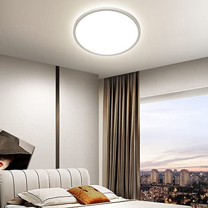 Modern round LED ceiling light with a flat design, 18 watts, emitting neutral white light at 4000 Kelvin, suitable for use in balconies, corridors, and garages, providing 1800 lumens of brightness, with an IP44 rating for moisture resistance, featuring a diameter of 20 centimeters.